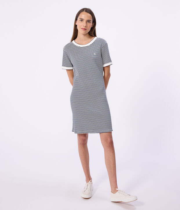 Vestido corto de algod&oacute;n para mujer azul/blanco