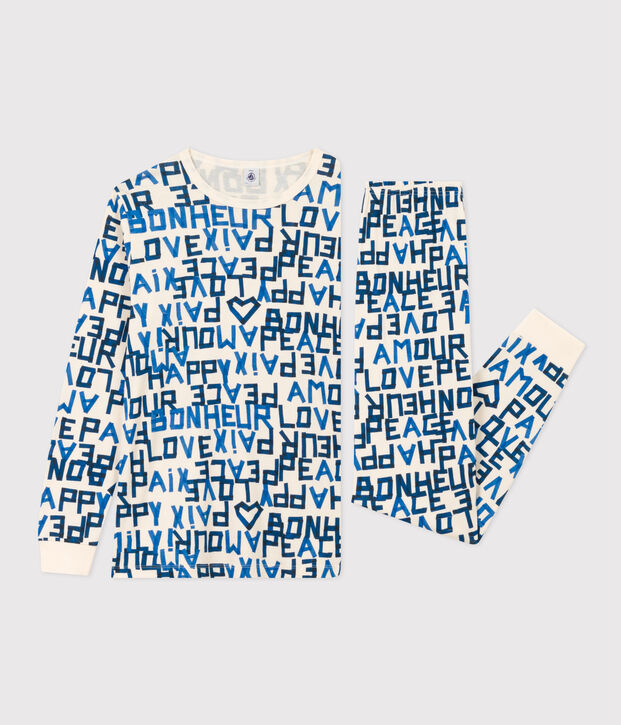 Pijama de algod&oacute;n con palabras azules para ni&ntilde;o crudo/multicolor