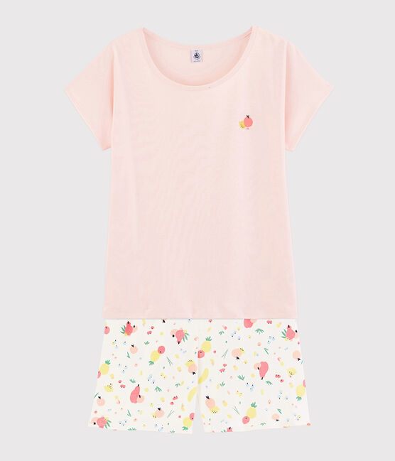 Pijama corto con estampado de frutas de verano de algodón ecológico de chica/mujer rosa FLEUR/blanco MULTICO