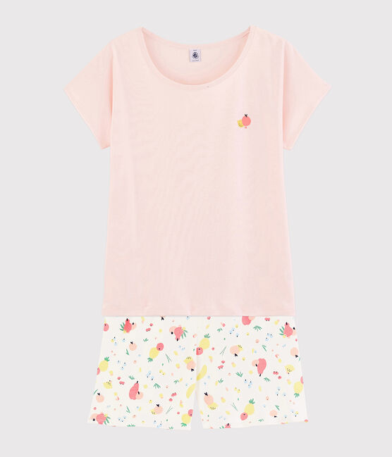 Pijama corto con estampado de frutas de verano de algodón ecológico de chica/mujer rosa FLEUR/blanco MULTICO
