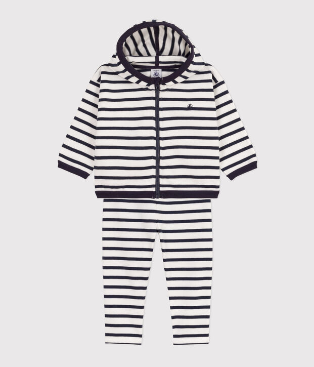 Conjunto de punto grueso con rayas marineras para beb&eacute; blanco/azul