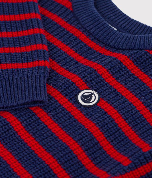 Jersey infantil de lana y algod&oacute;n a rayas azul/rojo