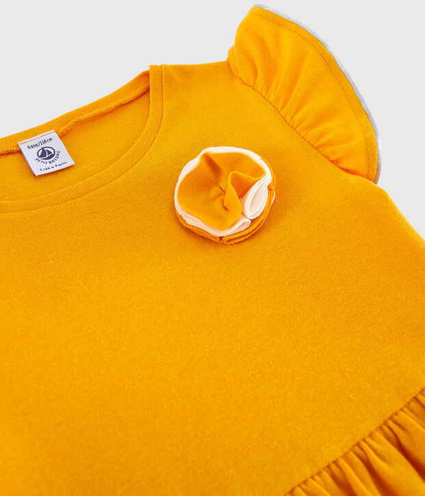 Vestido de manga corta de algod&oacute;n y lino de ni&ntilde;a amarillo