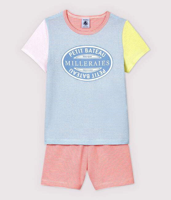 Pijama corto mil rayas de colores de niña de algodón azul JASMIN/blanco MULTICO