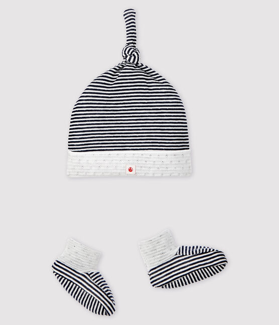 Juego de gorro de nacimiento y patucos a rayas de túbico para bebé variante 1