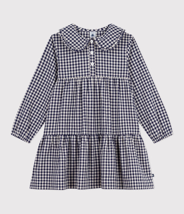 Vestido infantil de manga larga de franela a cuadros azul/crudo