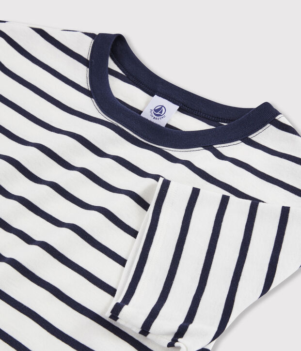 Camiseta de cuello redondo emblem&aacute;tica de algod&oacute;n a rayas de mujer blanco/azul