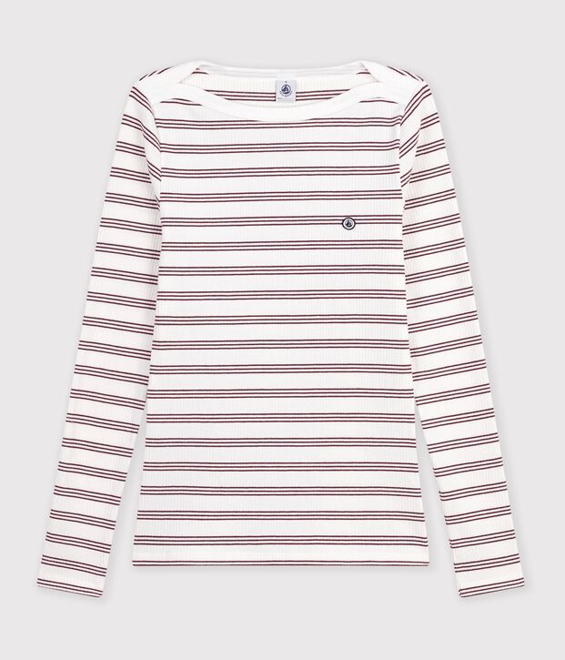Camiseta de manga larga de algod&oacute;n a rayas con cuello almirante para mujer blanco/rojo