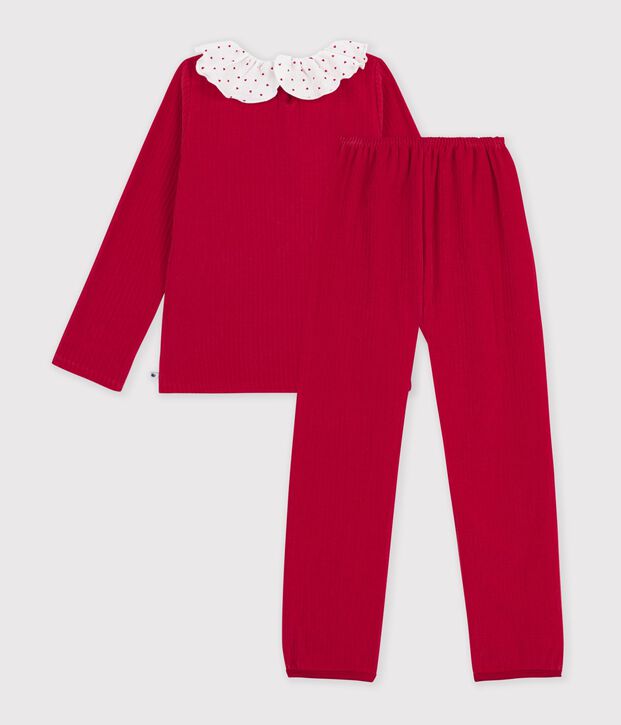 Pijama infantil liso de pana con collar&iacute;n rojo
