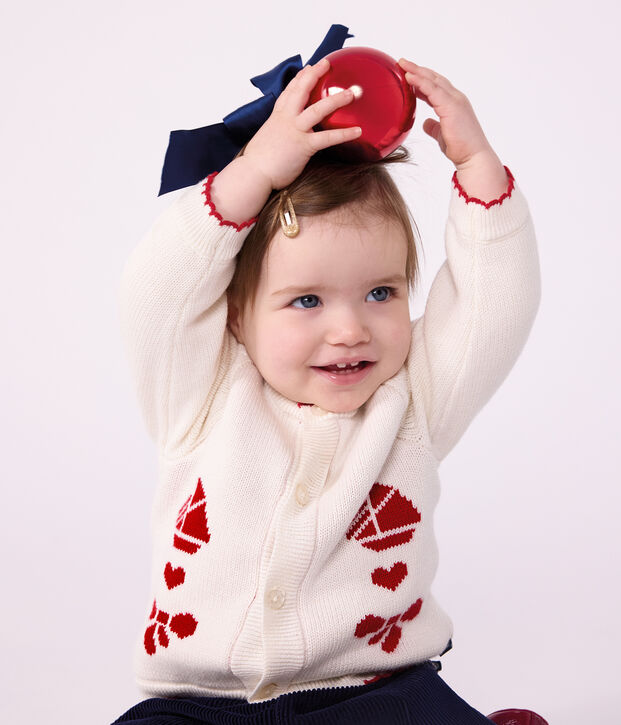 C&aacute;rdigan de punto tricotado de lana y algod&oacute;n con estampados jacquard para beb&eacute; blanco/rojo