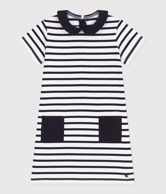 Vestido infantil de algodón de manga corta blanco MARSHMALLOW/azul SMOKING