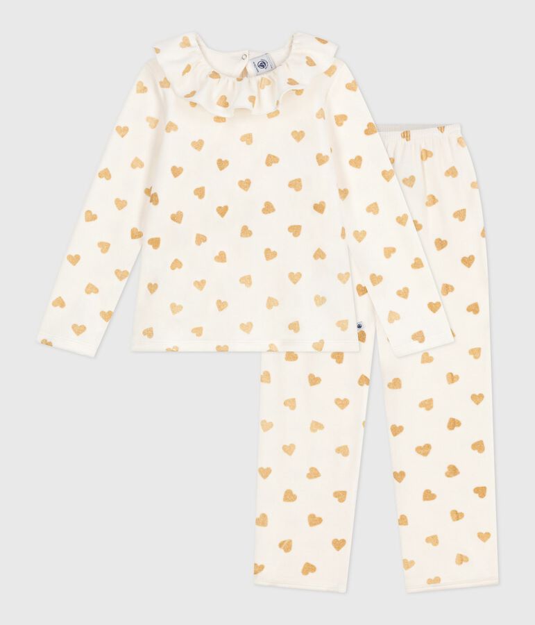 Pijama infantil de terciopelo con estampado de corazones dorados crudo/amarillo