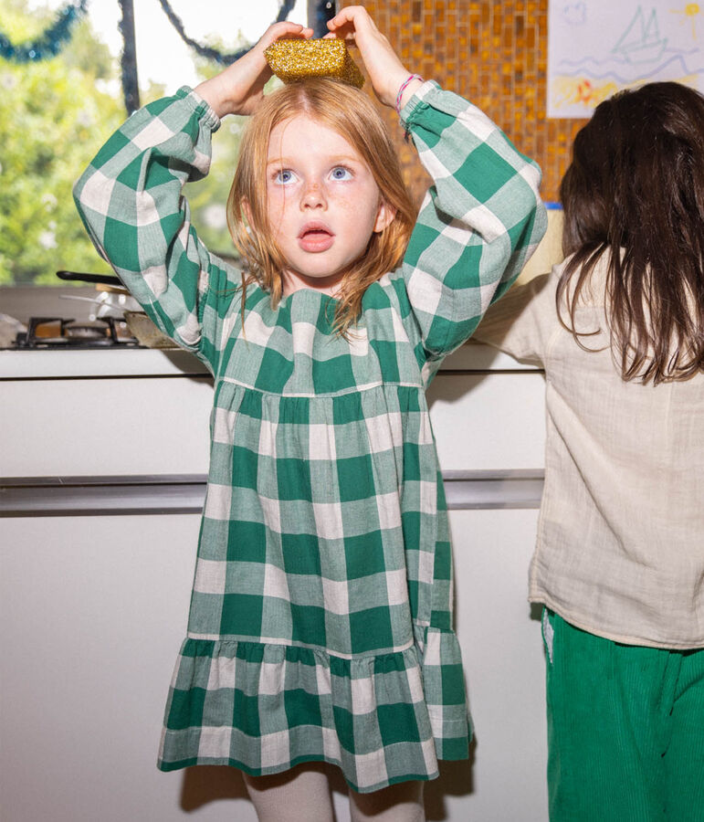 Vestido a cuadros de manga larga de franela de ni&ntilde;a MATCHA/crudo