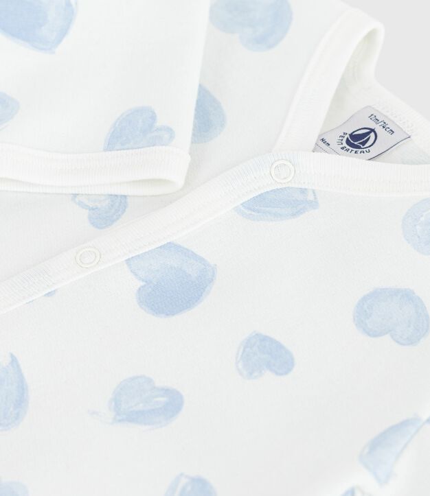 Pijama de felpa cepillada con cuello estampado de corazones para beb&eacute; blanco/azul