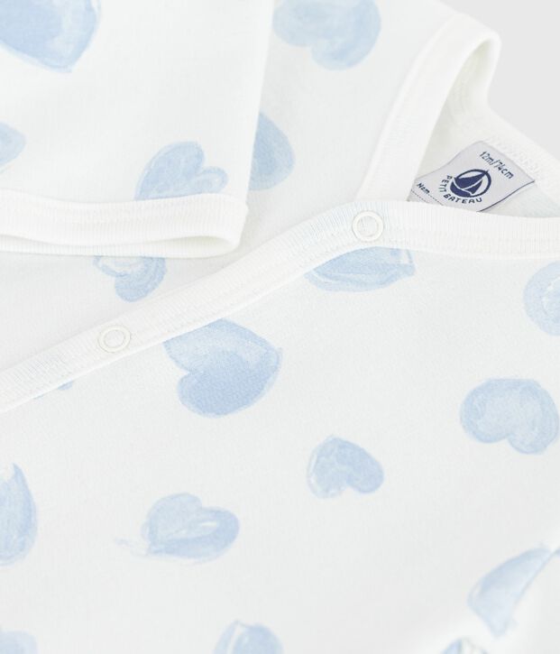 Pijama de felpa cepillada con cuello estampado de corazones para beb&eacute; blanco/azul