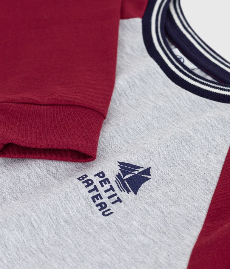 Camiseta infantil lisa de algod&oacute;n de manga larga gris/rojo