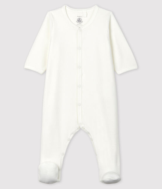 Pelele blanco de terciopelo de algodón orgánico con serigrafía de Petit Bateau blanco MARSHMALLOW/beige PERLIN