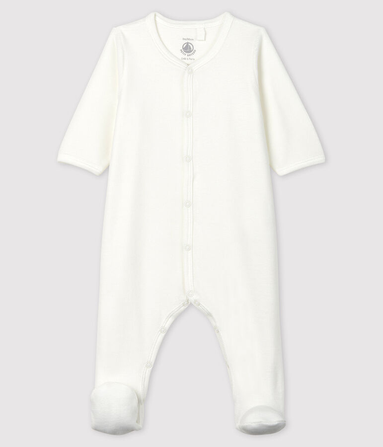 Pelele blanco de terciopelo de algod&oacute;n org&aacute;nico con serigraf&iacute;a de Petit Bateau blanco/gris