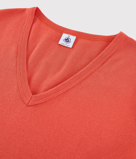 Camiseta de cuello de pico emblemática de algodón de mujer naranja OURSIN
