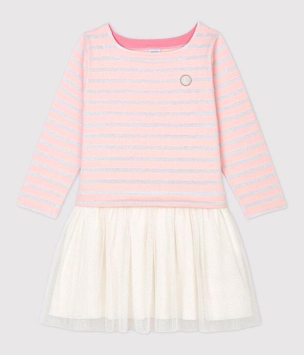 Vestido de manga larga de algod&oacute;n y tul de ni&ntilde;a rosa/MARSHMALLOW ARGENT BRILLANT