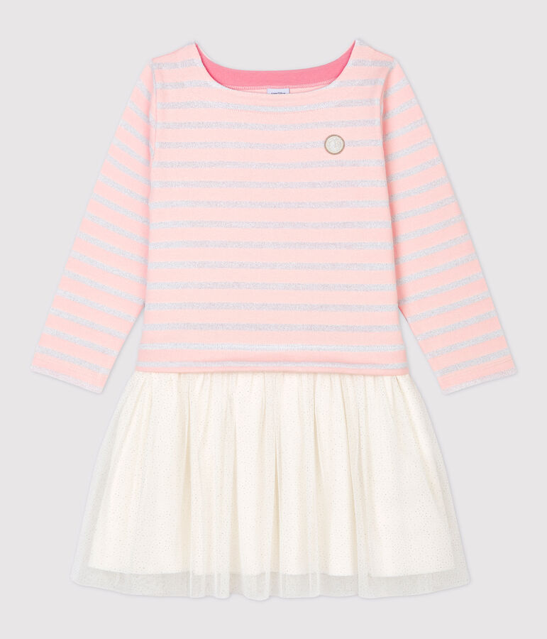 Vestido de manga larga de algod&oacute;n y tul de ni&ntilde;a rosa/MARSHMALLOW ARGENT BRILLANT