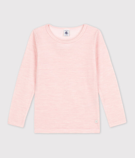 Camiseta de manga larga milrayas de niña de lana y algodón rosa CHARME/blanco MARSHMALLOW