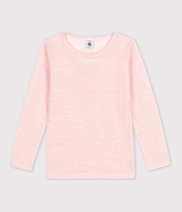 Camiseta de manga larga milrayas de ni&ntilde;a de lana y algod&oacute;n rosa/blanco