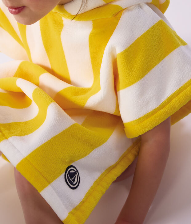 Poncho de ba&ntilde;o infantil de rizo de algod&oacute;n a rayas amarillo/blanco