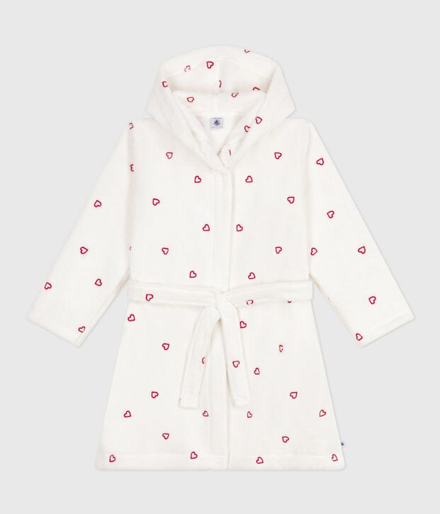Albornoz infantil de rizo de algod&oacute;n con corazones bordados blanco/rojo
