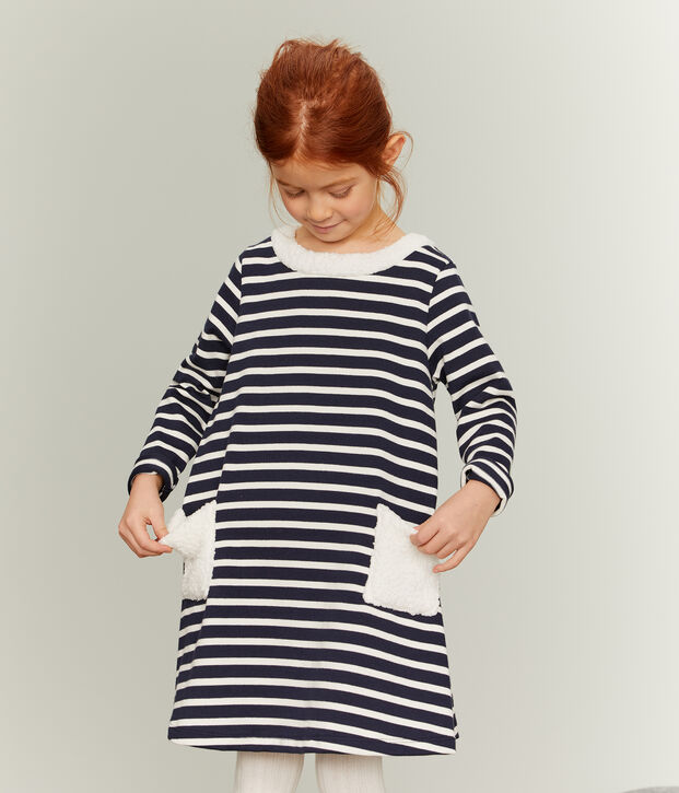 Vestido de manga larga para ni&ntilde;a azul/blanco