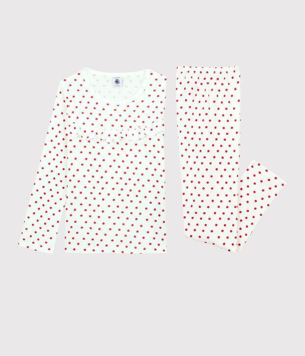 Pijama con lunares rojos de algod&oacute;n de ni&ntilde;a blanco/rojo