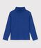 Camiseta infantil lisa de cuello alto de algod&oacute;n azul