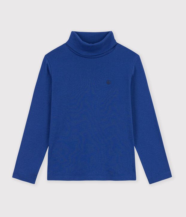 Camiseta infantil lisa de cuello alto de algod&oacute;n azul