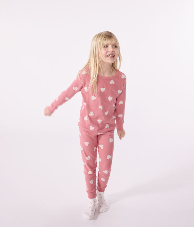 Pijama infantil de algod&oacute;n con estampado de coraz&oacute;n rosa/blanco