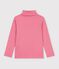 Camiseta infantil lisa de cuello alto de algod&oacute;n rosa