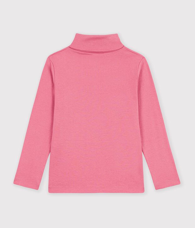 Camiseta infantil lisa de cuello alto de algod&oacute;n rosa