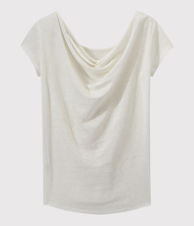 Camiseta de lino con cuello redondo blanco/amarillo