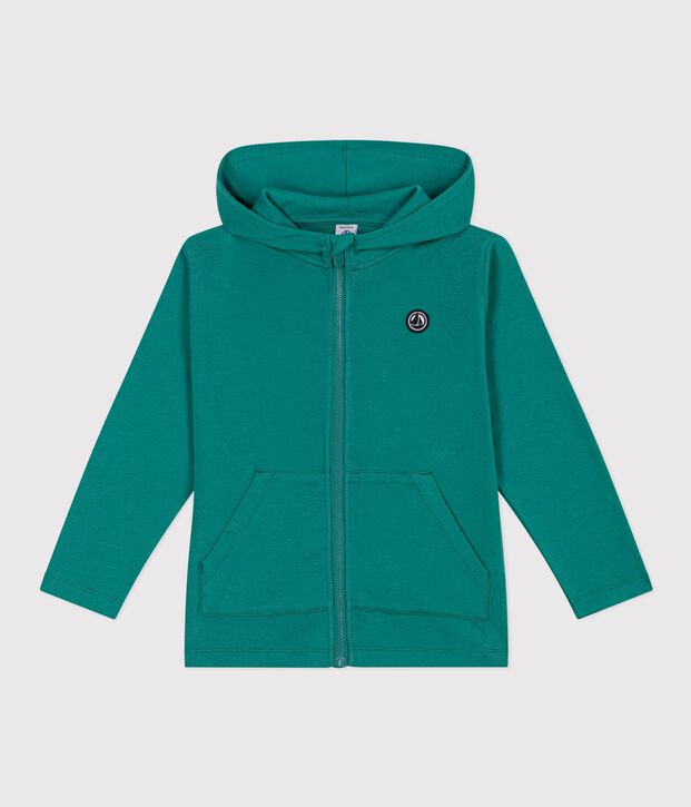 Sudadera infantil de algod&oacute;n con capucha y cremallera verde