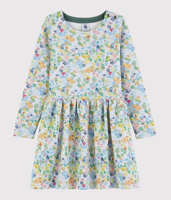 Vestido de manga larga en doble punto de niña gris POUSSIERE/blanco MULTICO