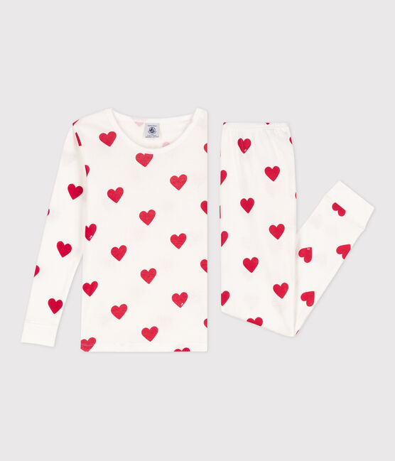 Pijama de algodón ajustado con corazones de niño/niña blanco MARSHMALLOW/rojo TERKUIT