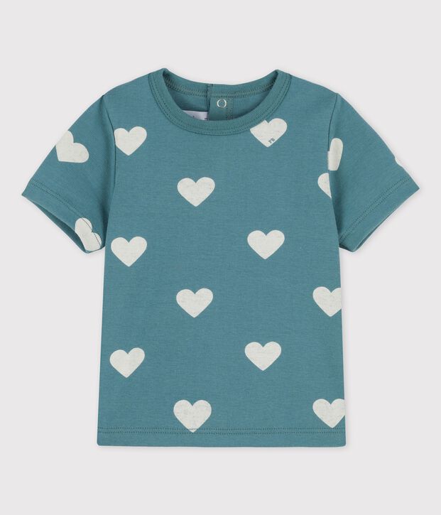 Camiseta de manga corta con estampado de corazones de algod&oacute;n de beb&eacute; verde/crudo