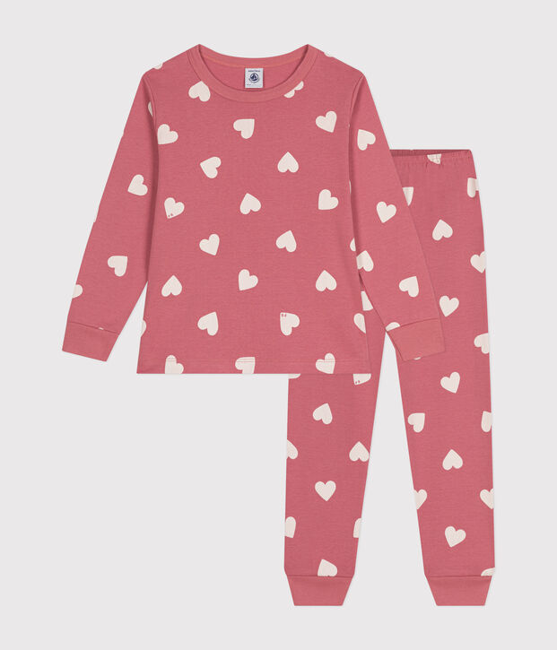 Pijama infantil de algod&oacute;n con estampado de coraz&oacute;n rosa/blanco