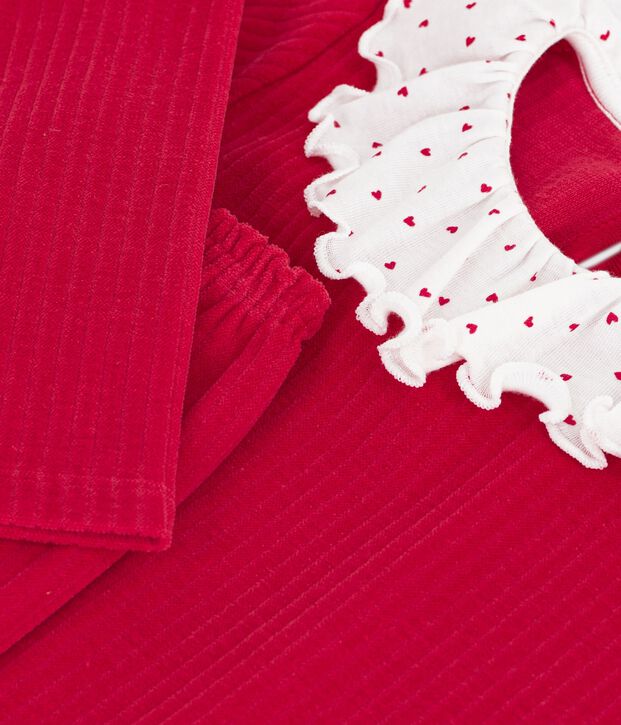 Pijama infantil liso de pana con collar&iacute;n rojo