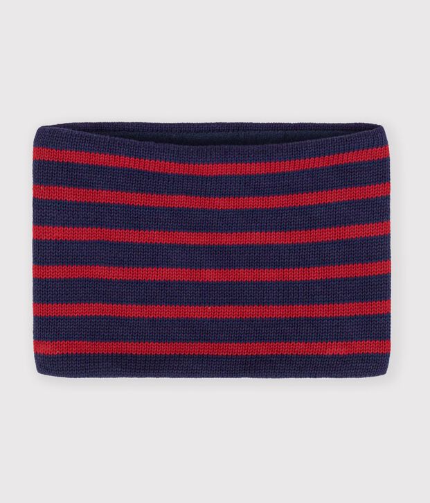 Braga de cuello infantil de punto tricotado a rayas con forro polar azul/rojo