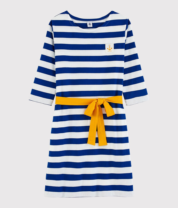 Vestido de rayas de manga larga de mujer azul/blanco