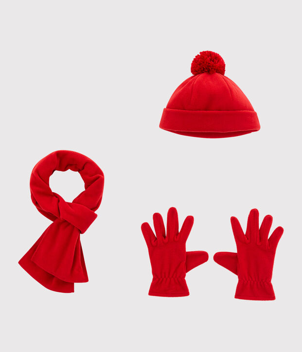 Gorrito , bufanda y guantes en polar rojo
