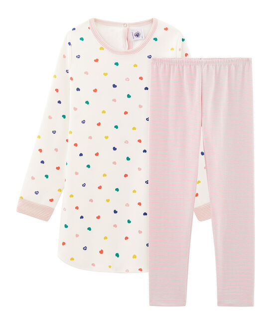 Camisón de manga larga de corazones para niña de punto doble cara blanco MARSHMALLOW/blanco MULTICO