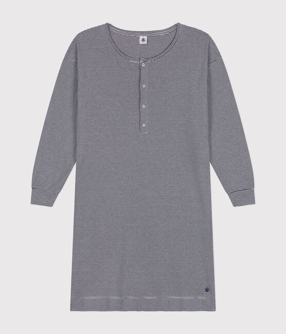 Camisón de algodón a rayas para mujer azul SMOKING/blanco MARSHMALLOW