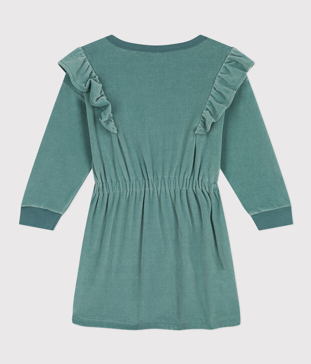 Vestido de manga larga de rizo de terciopelo liso de ni&ntilde;a verde