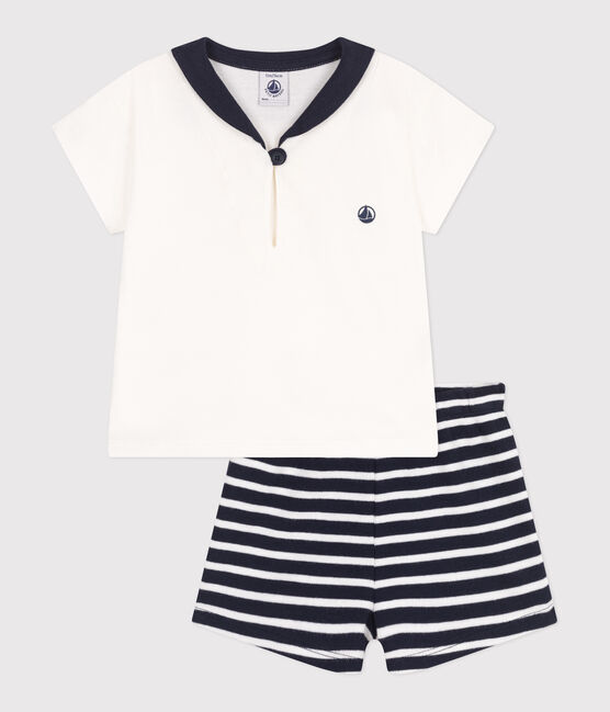 Conjunto de dos piezas de algodón con camiseta con cuello de uniforme para bebé azul SMOKING/blanco MARSHMALLOW